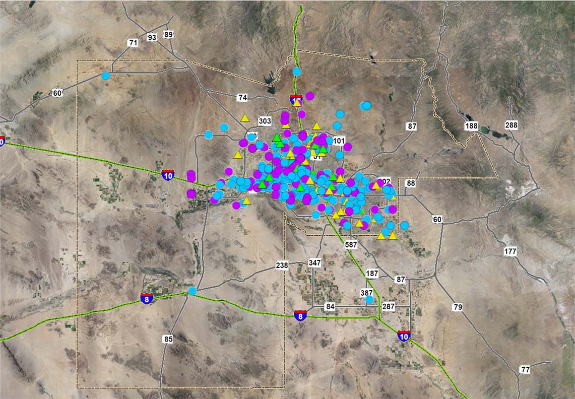 a map with plotted locations across Arizona