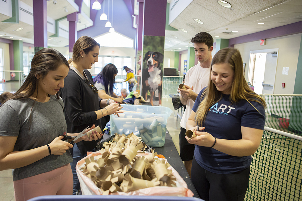 Volunteers making cat toys