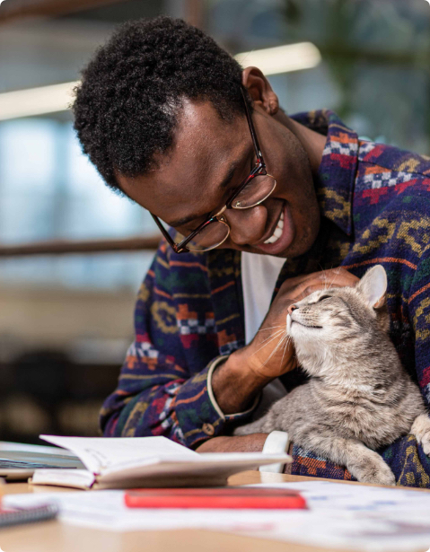 a man petting a grey striped cat